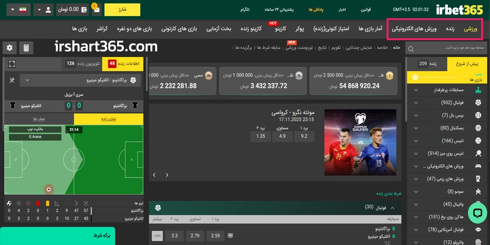 پیش بینی ورزشی در سایت آی آر بت 365